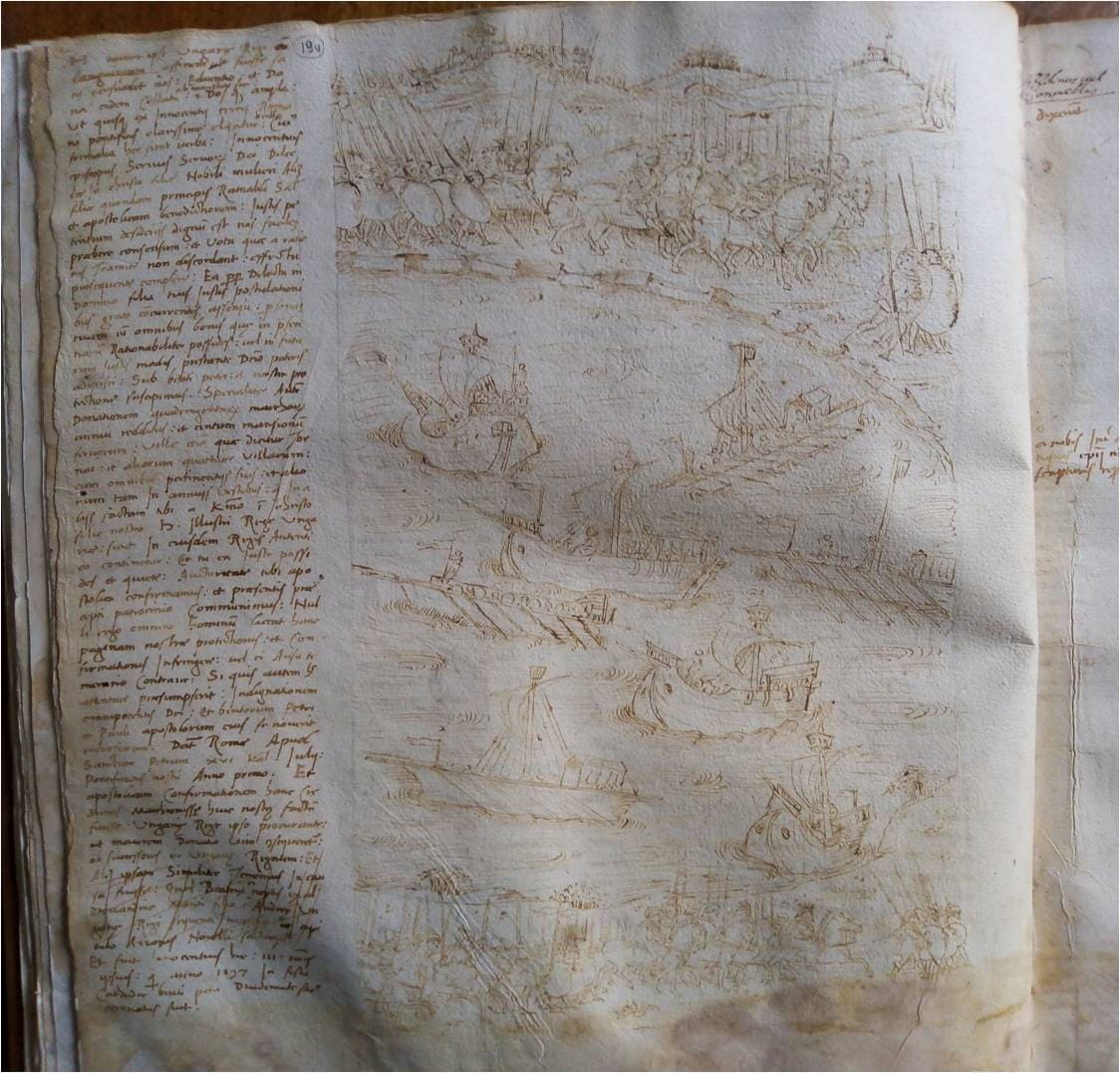 TAV. 2 – Illustrazione tratta dall’opera di Pellegrino Prisciani. Le scene militari e i luoghi raffigurati sono riconducibili con ogni evidenza all’Oriente crociato. (P. Prisciani, Historiae Ferrariae, VII, ms. 131, c. 19 v)