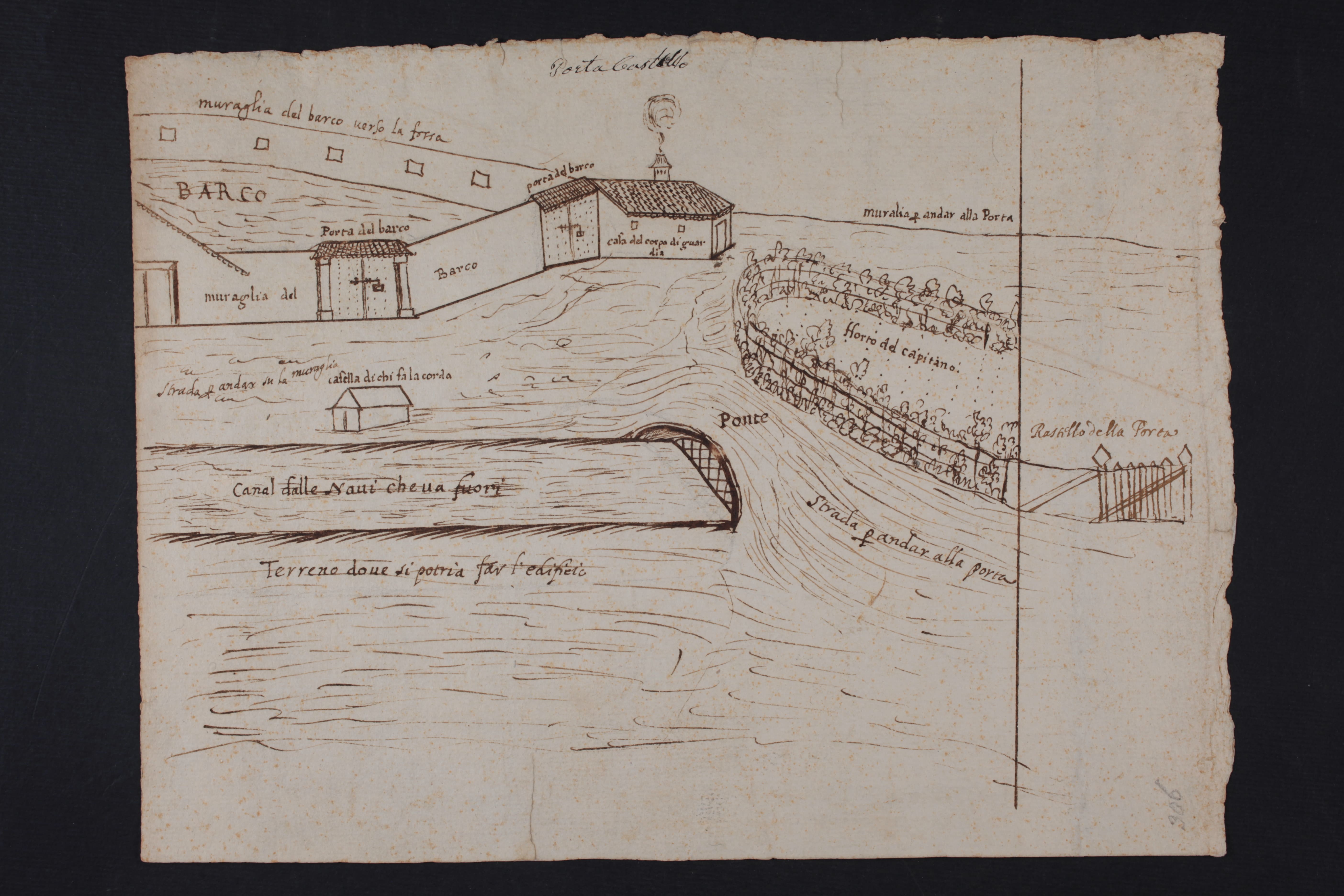 tav. 2 - Schizzo prospettico dell’area compresa tra il Barco, il canale delle navi e porta Castello; inizio XVII secolo; cm 29x22 (ASMo, Mappario Estense, Serie generale, mappa n. 306)