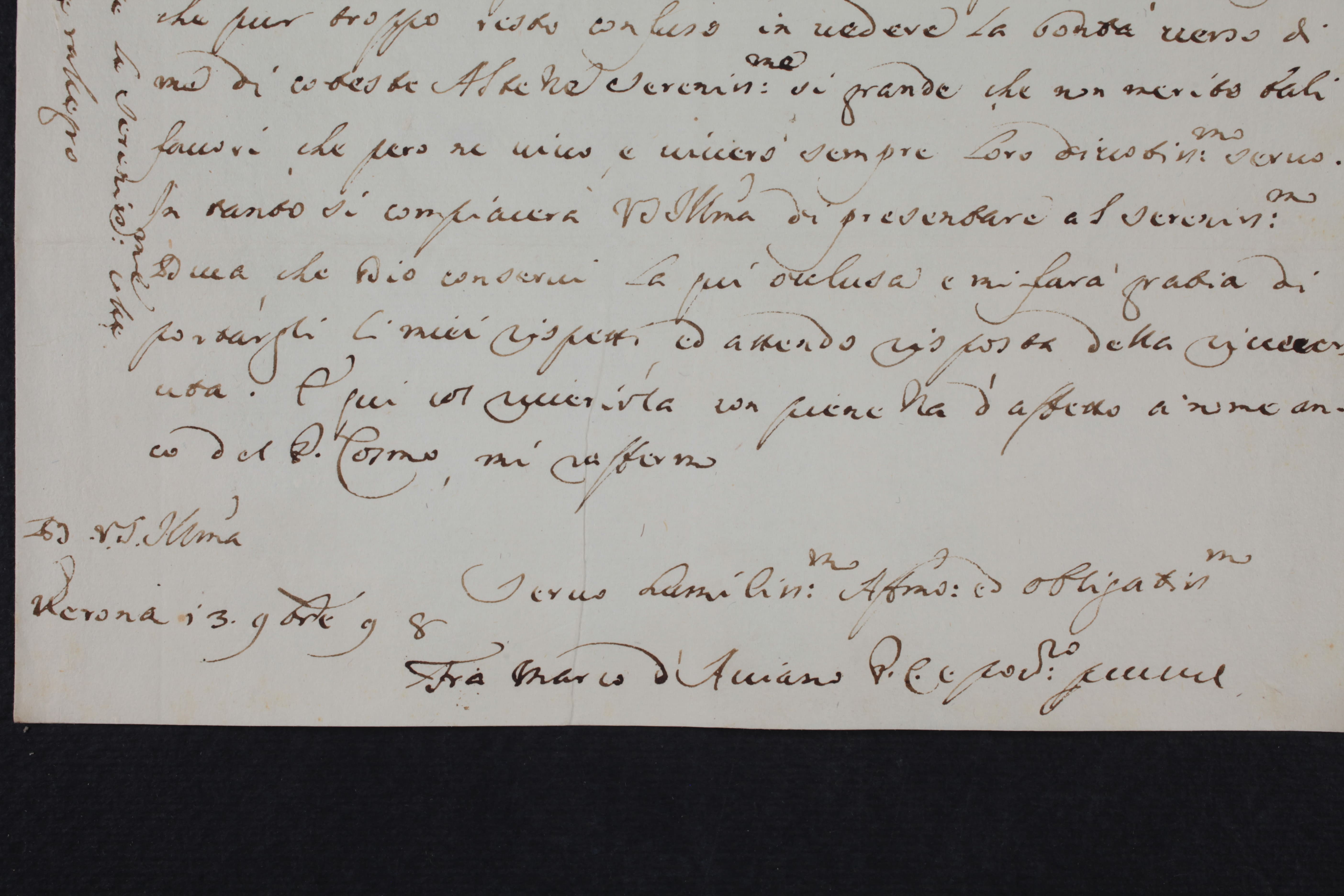 4 - Particolare della firma del beato Marco d'Aviano, in lettera autografa da Verona, 13 novembre 1698 (Archivio di Stato di Modena, Archivio Segreto Estense, Cancelleria, Carteggio e documenti di regolari, b. 7, fasc. 26, Aviano (d') fr. Marco cappuccino 1697-1699).