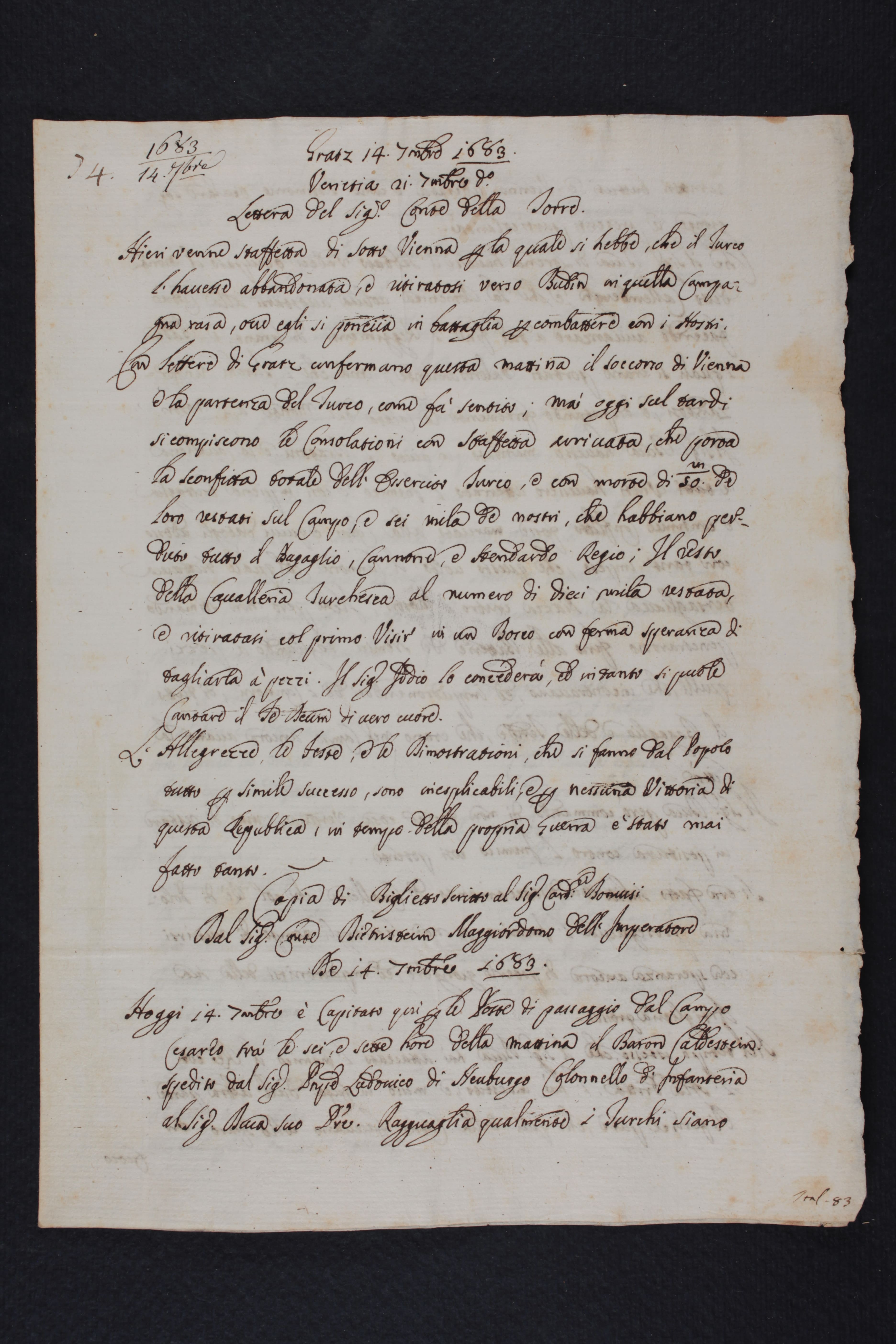 5 - Lettera del conte della Torre, Venezia 21 settembre 1683 (Archivio di Stato di Modena, Archivio Segreto Estense, Cancelleria, Avvisi e notizie dall'estero, b. 64, fasc. Avvisi 1683. s.fasc. Avvisi relativi all'assedio e liberazione di Vienna 1683).