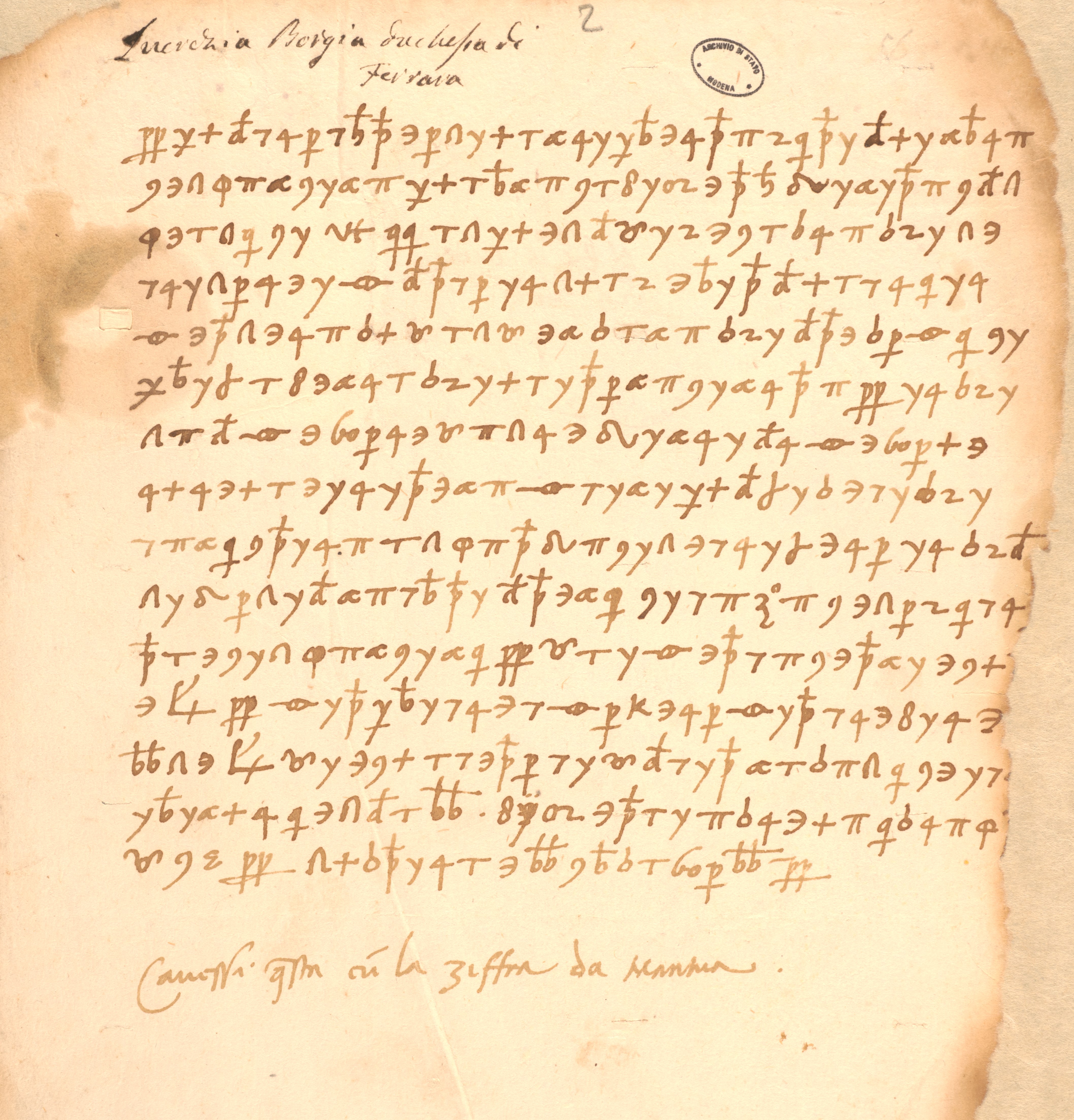 Lettera cifrata di Lucrezia Borgia d’Este ad Alfonso I d’Este. Ferrara, 8 ottobre 1510 (ASMo, ASE, Casa e Stato, b. 141, n. 12.79)