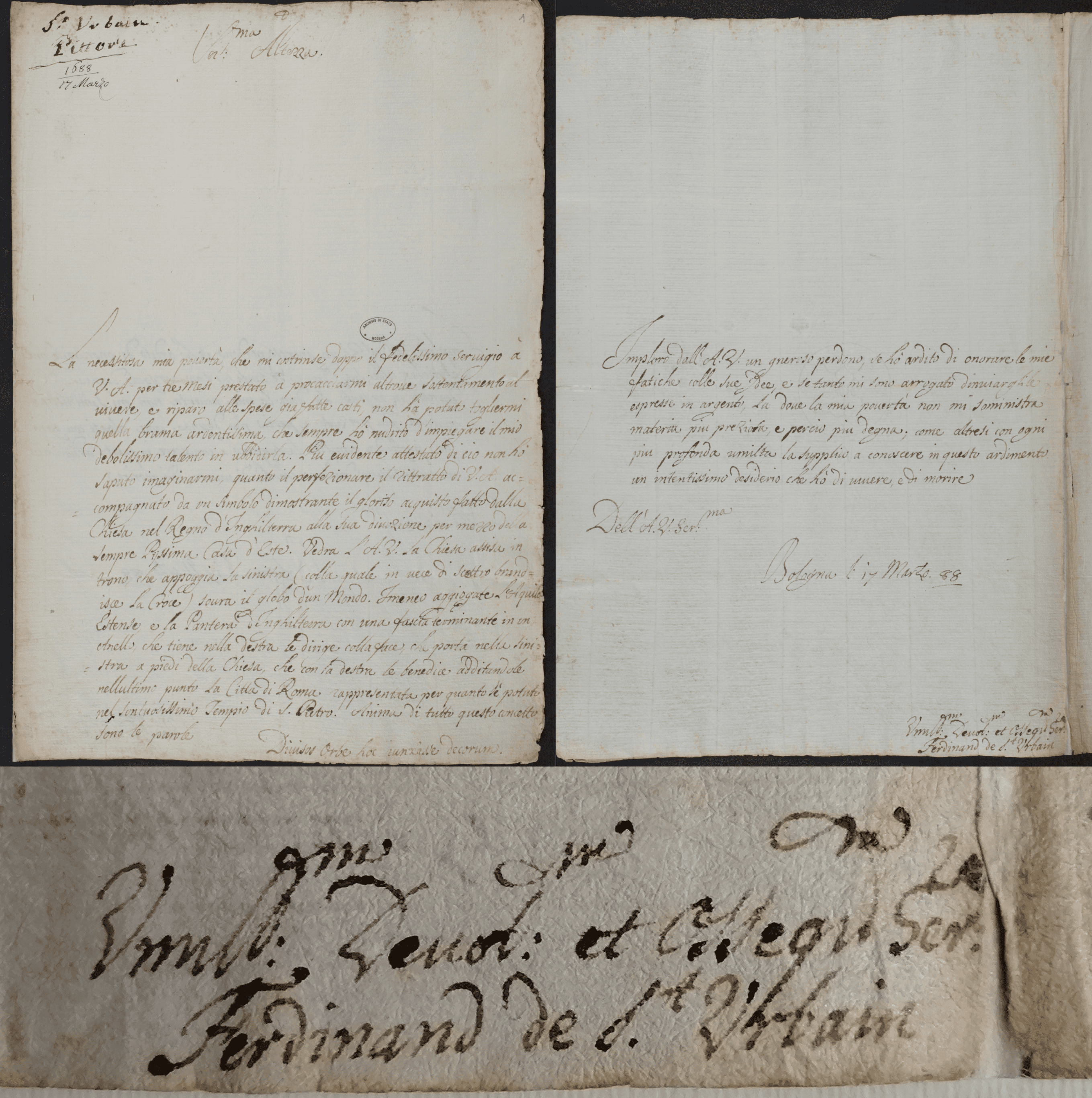 La missiva del 17 marzo 1688, con un particolare della firma dell'artista.