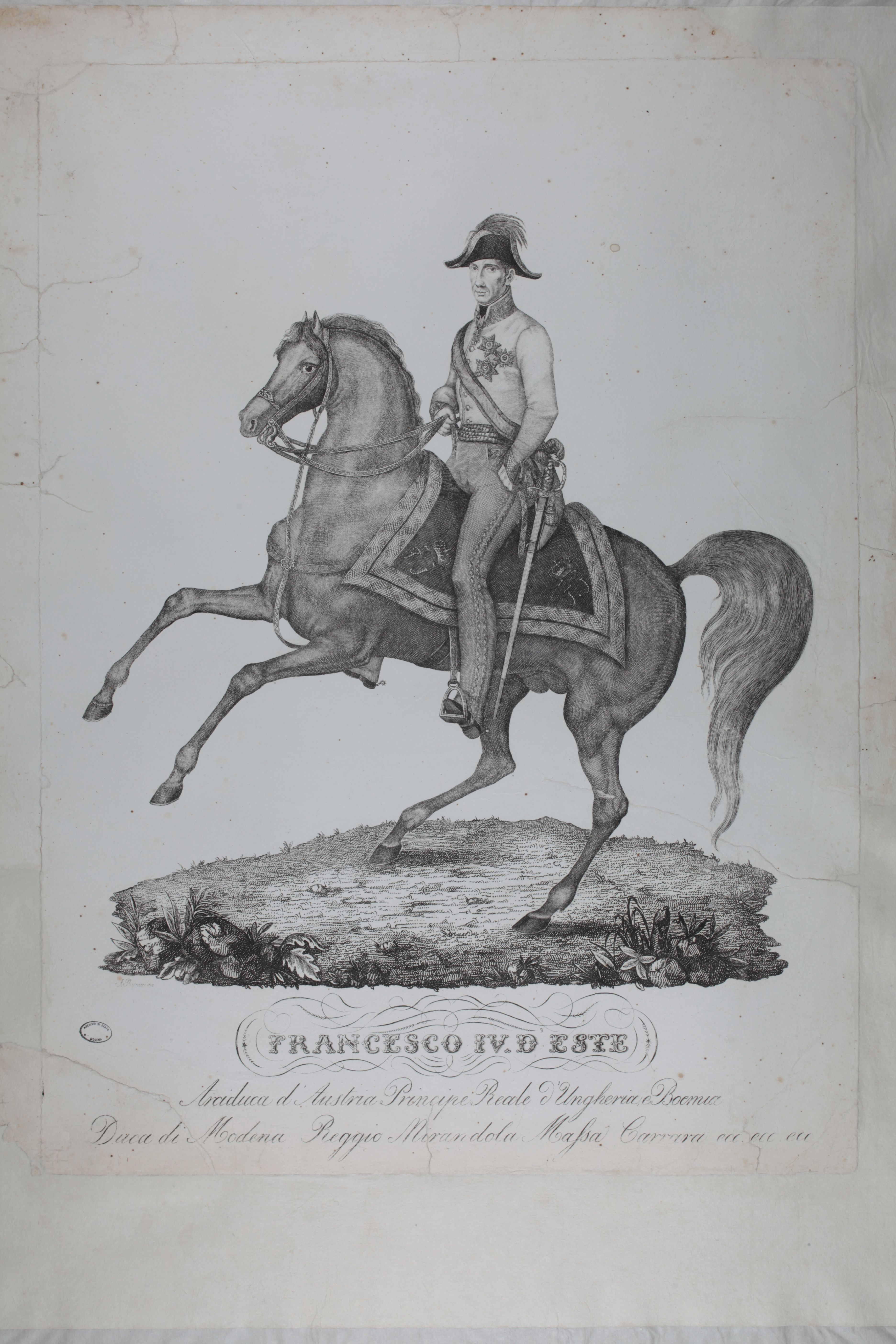 A. Bernieri, Francesco IV d’Este (Archivio di Stato di Modena, Mappario Estense, Stampe e disegni, 130). Il duca indossa l’uniforme austriaca, si notino sulla gualdrappa le cifre dell’imperatore Francesco I.