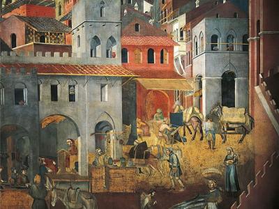 Effetti del buon governo in città, particolare dell&39;allegoria e degli effetti del buon e cattivo governo sulla città e sul paese, 1337-1343, di Ambrogio Lorenzetti (attivo 1285-1348), affresco, Sala della pace