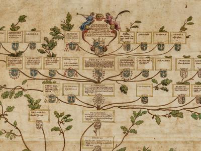 Albero genealogico della famiglia d’Este (ramo ducale) edito tra il 1560 e il 1564 da Girolamo Falletti. particolare ASMo, A.S.E., Casa e stato, Genealogie, storie e notizie di casa d’Este, b. 59