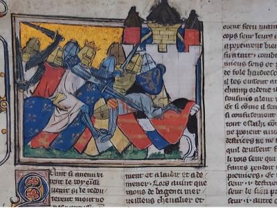 Miniatura con scena di battaglia tra cavalieri inglesi e francesi. Questi ultimi sono guidati da “roy Luis” (presumibilmente Luigi IX il Santo, 1214-1270). Particolare ASMo, Manoscritti della Biblioteca, Frammenti, b. 11/a, fr. 18 (Grandes Chroniques de France).