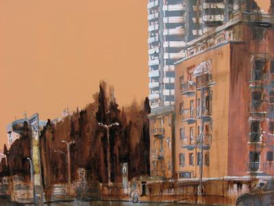 Maurizio Tangerini Ponte di Via Stalingrado acrilico catramina e collage su tela 100x70, 2015