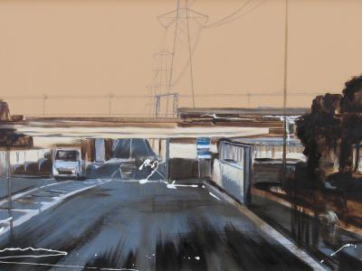 Maurizio Tangerini Tangenziale acrilico catramina e collage su tela 40x120, 2016