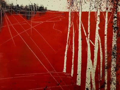 Maurizio Tangerini – Veduta orizzontale in rosso con alberi, olio su tela, 20x20 cm, 2020