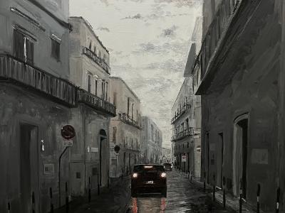 Nubifragio in Via Carmine, 80 x 60, 2024, Olio su tela