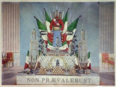 Trofeo di armi tolte dai pontifici ai garibaldini nella campagna del 1867 (Foto Fratelli d’Alessandri, acquerellata).